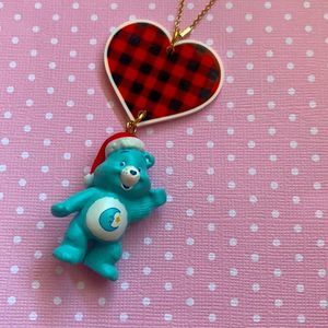 Vintage bedtime bear holiday buffalo plaid necklace kawaii cute Kitsch